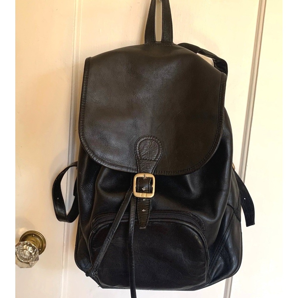 Vintage Black Leather Backpack Rucksack Buckle Flap Drawstring 90s Aesthetic